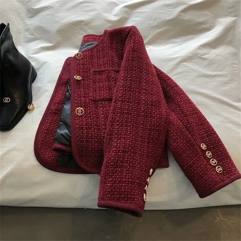 Red Small Fragrance Coat Women 2024 Autumn Winter New Round Neck French Vintage Tweed Tops Ladies Short Jacket Female Outerwear