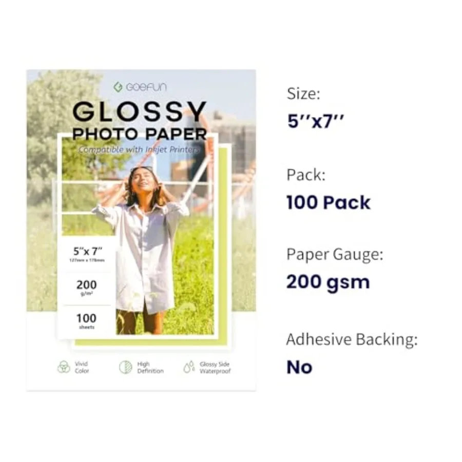 5x7 Photo Paper, 54LB Glossy Inkjet Printer Paper 100 Sheets 200 GSM Picture paper for Printer for Dye Ink