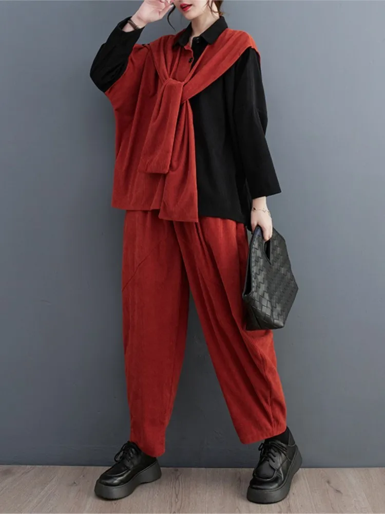 Autumn Oversized 2 Two Piece Set Women Cape Fashion Print Patchwork Long Sleeve Ladies Shirts Loose Pleated Woman Wide Leg Pants