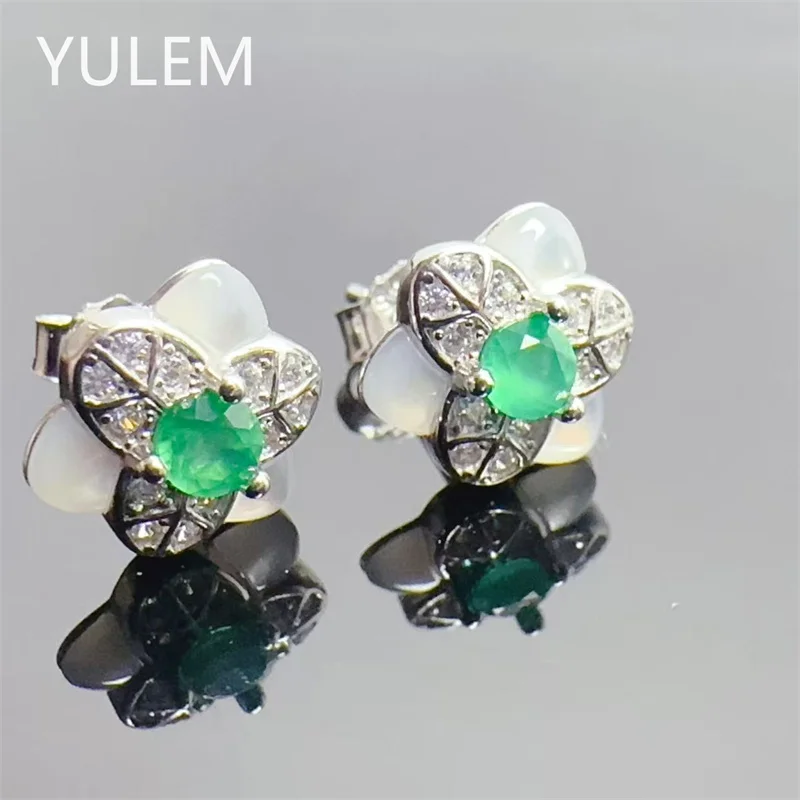 YULEM925 Silver Natural 3mm Round Emerald Clover Stud Earrings White Mother Of Pearl Shell Earrings Women Gem Jewelry