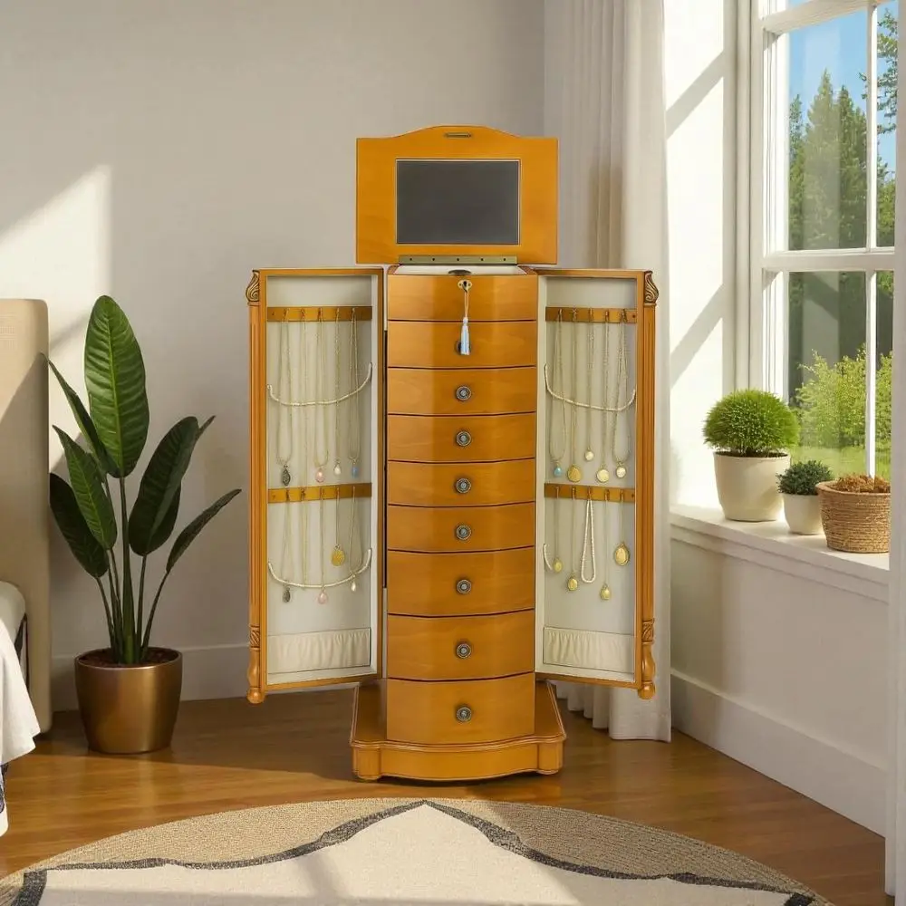 خزانة مجوهرات ذات قفل روماني من Hives and Honey - منظم 8 أدراج مع مرآة وخطافات قلادة جانبية ولفائف حلقية ومضادة للتشويه