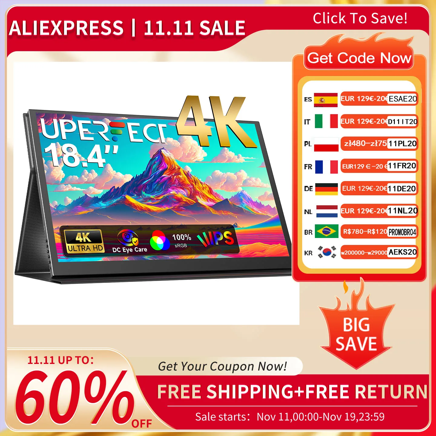 

UPERFECT 18 Inch 4K Portable Monitor IPS Display 3840x2160 External Second Gaming Screen For Gaming Laptop PS4 Switch Mini PC