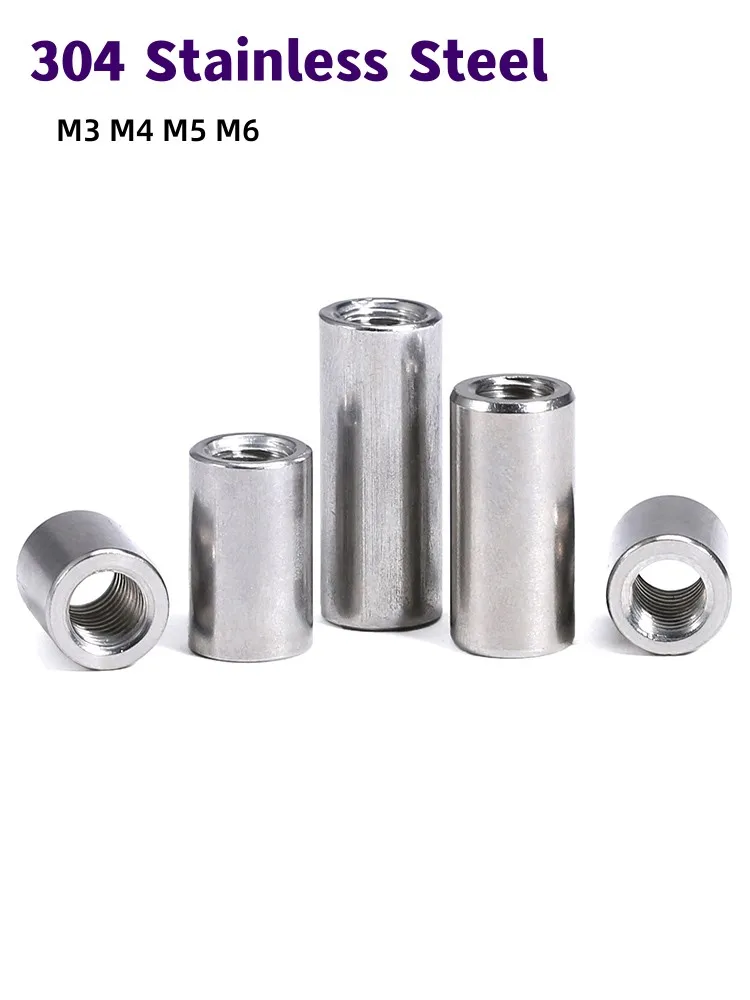 M3 M4 M5 M6 304 Stainless Steel Lengthen Round Coupling Nut Internal Thread Cylindrical Joint Nut Sleeve Tubular Nuts