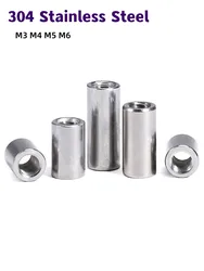 M3 M4 M5 M6 304 Stainless Steel Lengthen Round Coupling Nut Internal Thread Cylindrical Joint Nut Sleeve Tubular Nuts