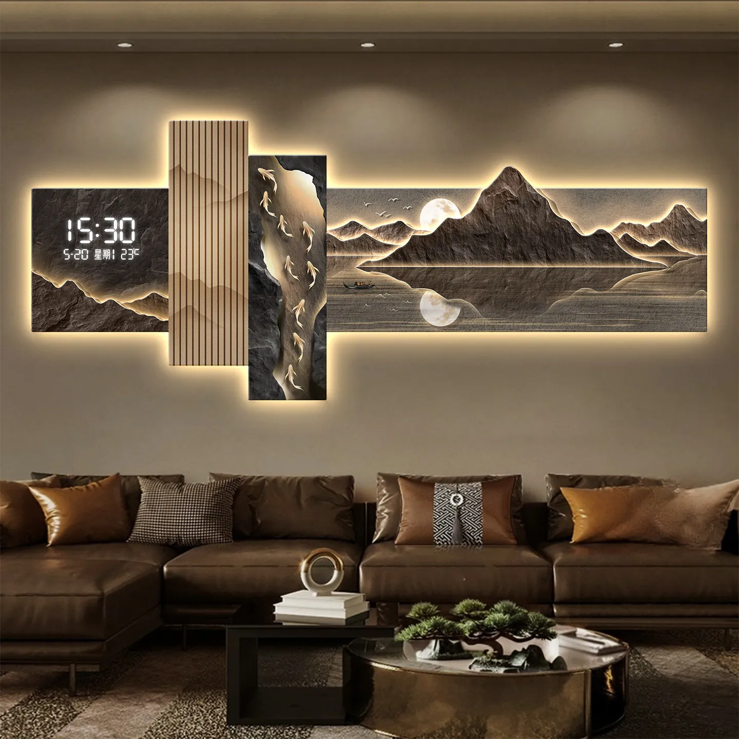 Modern Led Living Room Decoration Painting New Chinese Style Flow Generating Wealth Sofa Mural Lamp Electronic Clock Lustre