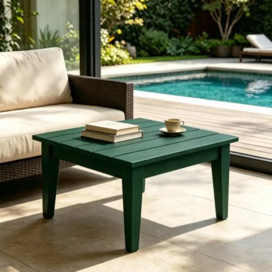 32 Inch Ashore Outdoor Coffee Table for patio use, made of weather-resistant acacia wood in natural brown finish, featuring rus
