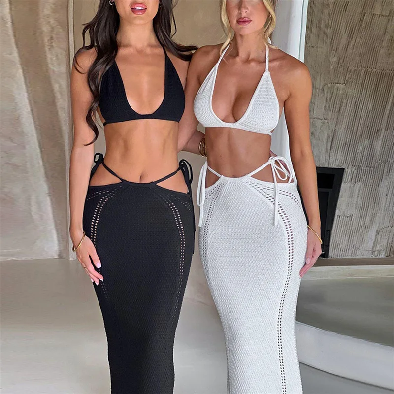 

Summer 2023 Sexy Bal Knitted Crop Top High Waist Slim Fit Midi Skirt Faionable Women's Set Polyester Fabric 00% Content