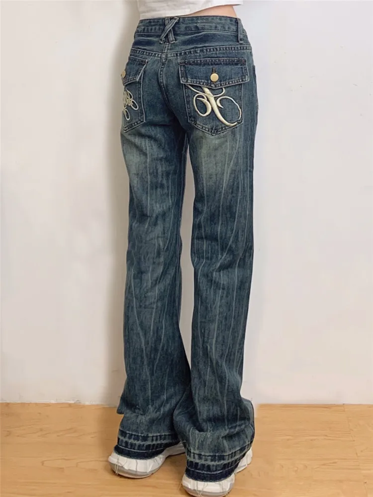 

Retro American Faded Frayed Low Waist Bell Bottom Jeans Women's Spring Autumn Slimming Tall Extended Length Floor Pants