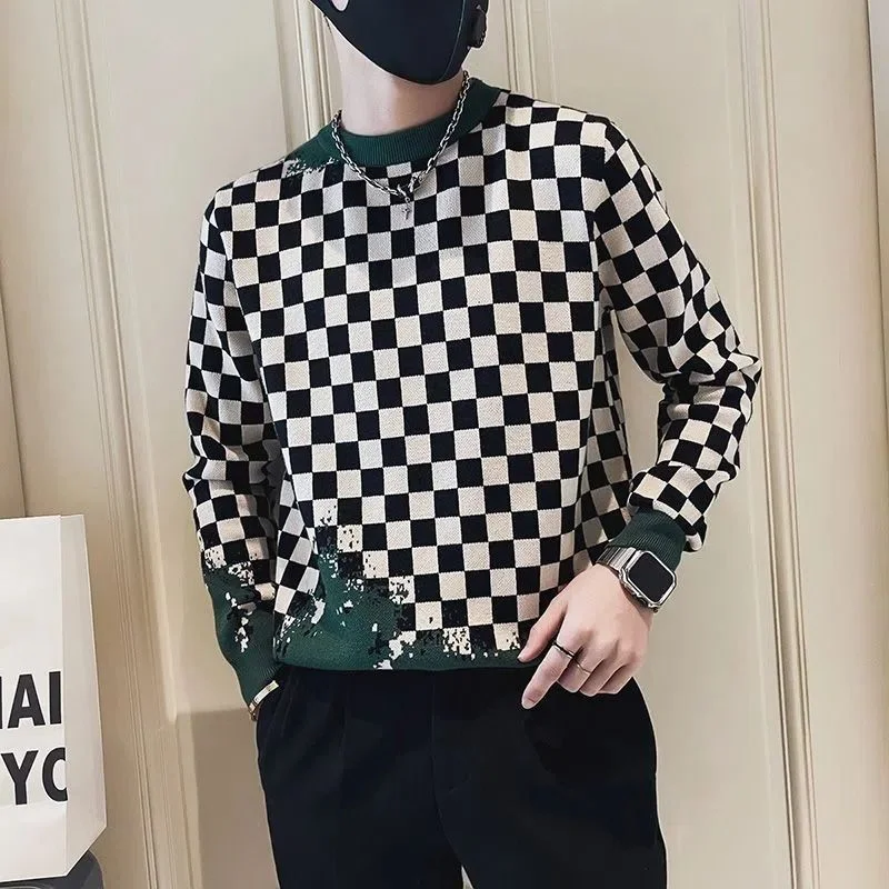 Suéter a cuadros para hombre, suéter básico de invierno de punto con cuello redondo ajustado para primavera y otoño