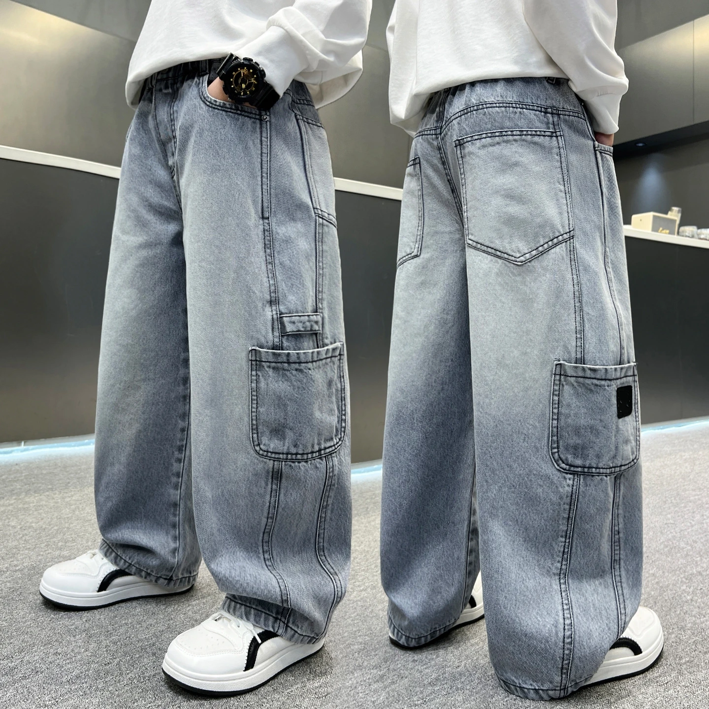 Jungen-Jeanshosen Frühling Kinder Weites Bein Gerade Hosen Herbst Locker Sitzende Freizeithosen Trendige Kinder-Jogginghosen 4-14 Jahre