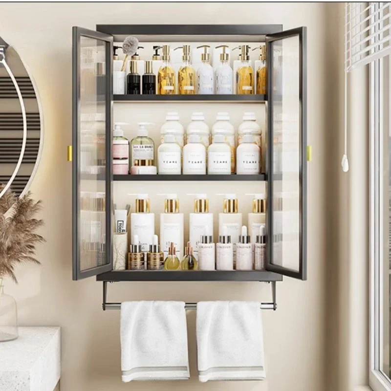 Sleek Wall-Mounted Waterproof Storage Cabinet Transparent Non-Perforated Thickened Shelf Ideal for Bathroom Organization