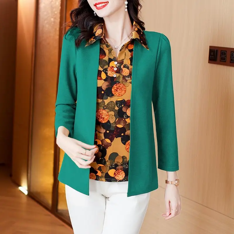 Spring Autumn New Korean Loose Fashion Temperament Fake Two-piece Base Shirt Printed Long-sleeved T-shirt Top for Women Ins