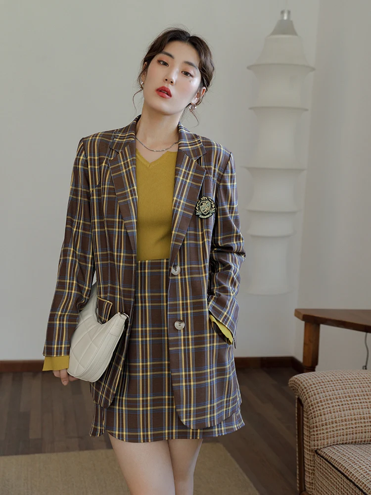 DUSHU Büro Dame Lose frauen H-förmigen Retro Plaid Anzug Jacke Herbst 2021 Neue Design Gefühl Seite Schlitz anzug Frauen Rock