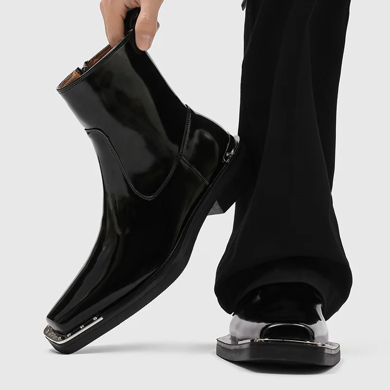 italian brand designer mens fashion punk rock chelsea boots patent leather shoes square toe cowboy boot cool ankle botas hombre