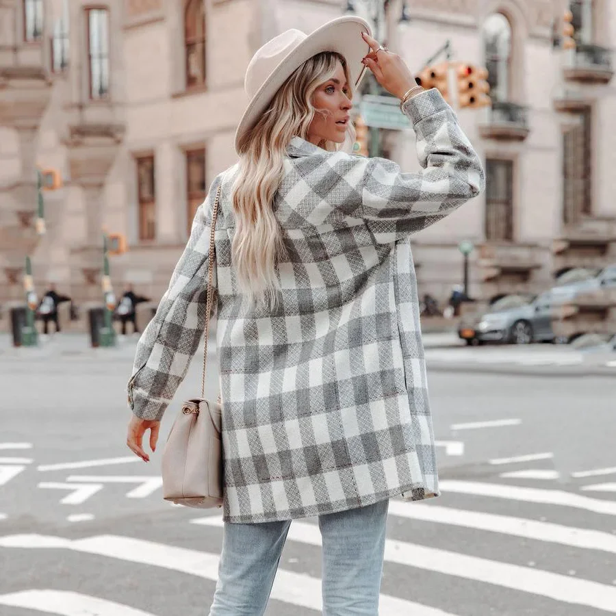 Women Shirt Collar Long Sleeve Plaid Shacket Loose Mid‑Length Flannel Button Down Jacket With Pockets