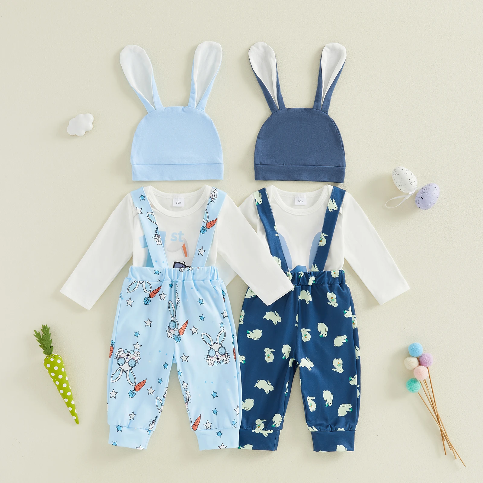 Baby Boys Easter Outfit Long Sleeve Crew Neck Letter Print Romper Bunny Print Suspender Pants Hat 3Pcs Sets 0-18M