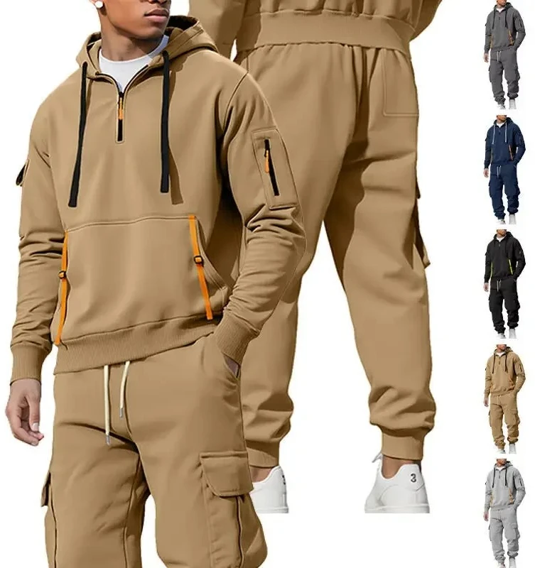 

New autumn and winter men's fleece sweater fashion hooded shirt zipper multi-pocket