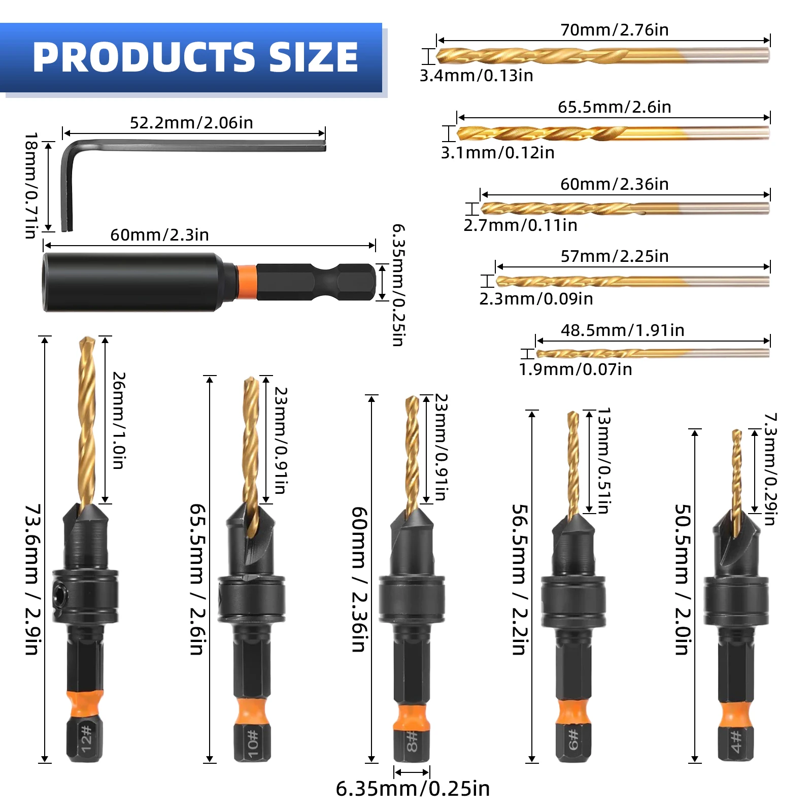 12pcs titanium-plated hex countersink set with replaceable bits, magnetic holder & L-wrench. Power drill compatible for fast view 3