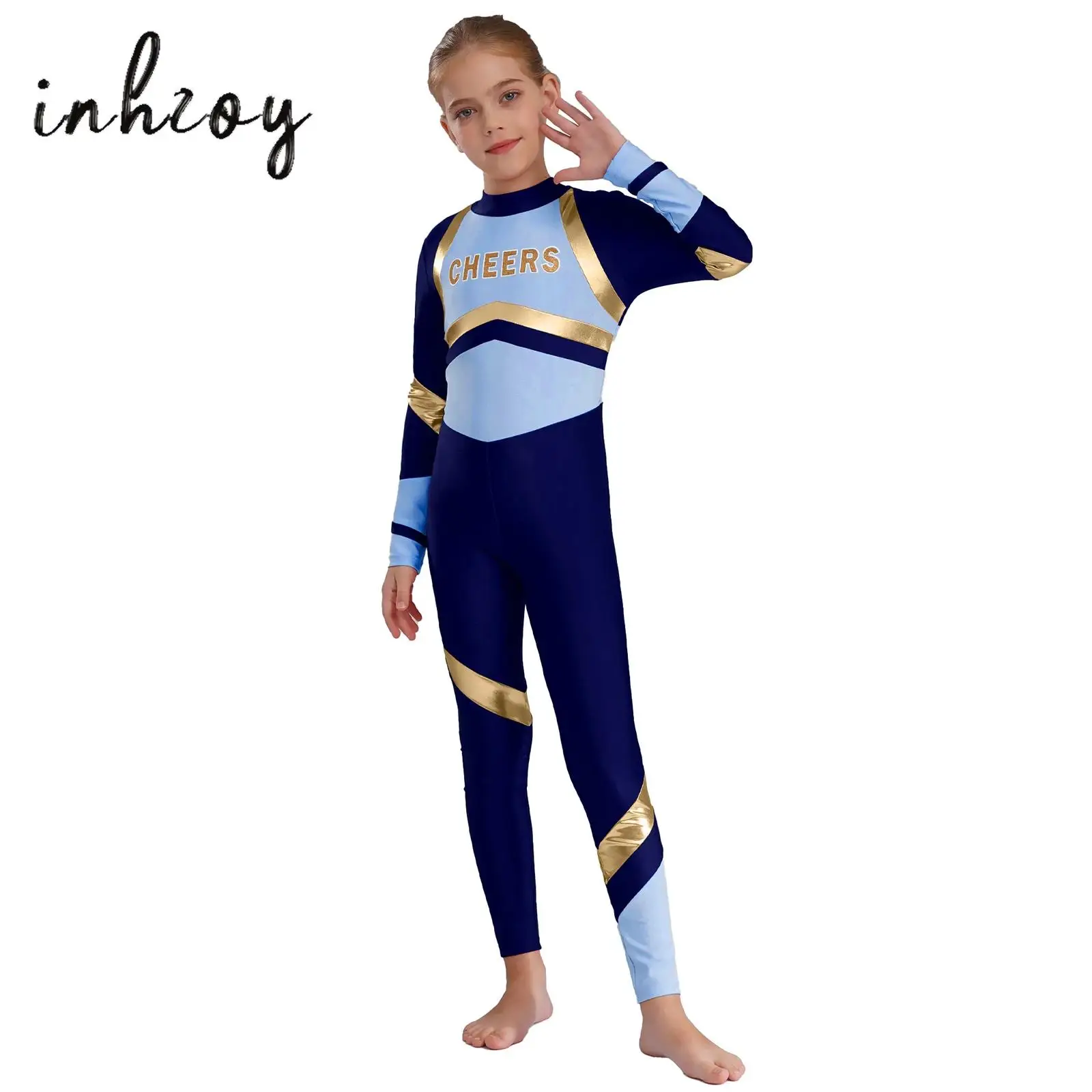 

Kids Girls Gymnastics Bodysuit Long Sleeve Mock Neck Letters Printed Color Block Patchwork Jumpsuit Ballet Skate Dance Costume