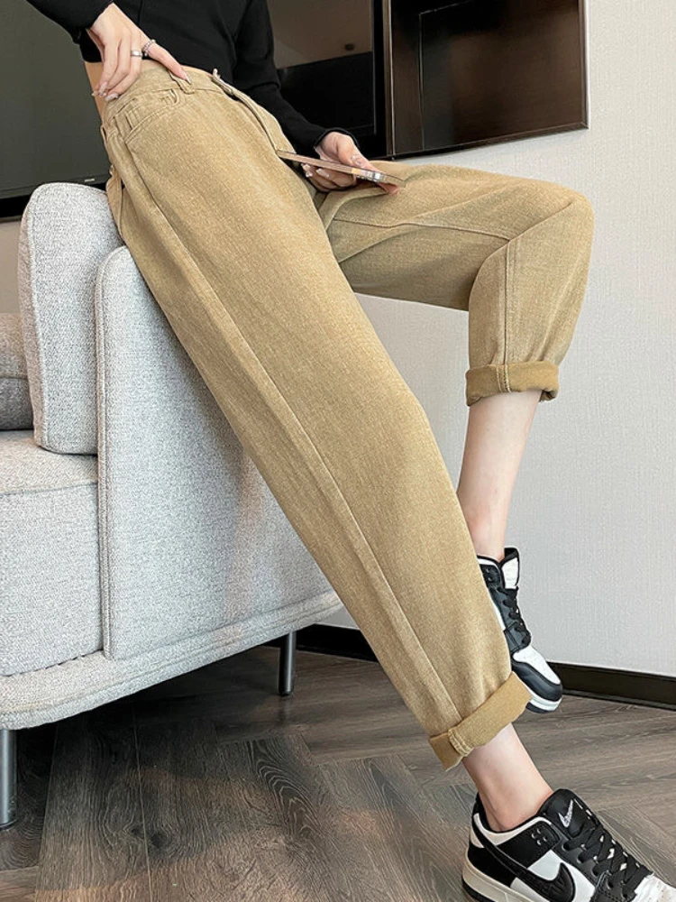 Loose Casual Denim Pants Women's 2023 Autumn Winter Warm Stretch Versatile Soft Cropped Pants Leg Pants High Waisted Harem Pants