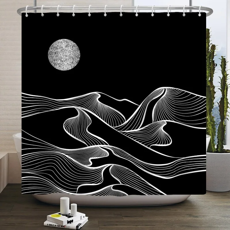 

minimalist black and white mountain shower curtain with moon and wave lines for modern bathroom decor abstract art style