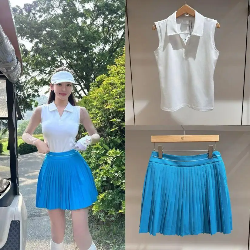 New Summer Women Golf Outfit Thin Short Sleeve Top Pleated Skirt Set Versatile Ladies Breathable Sports Golf Two Piece Suit