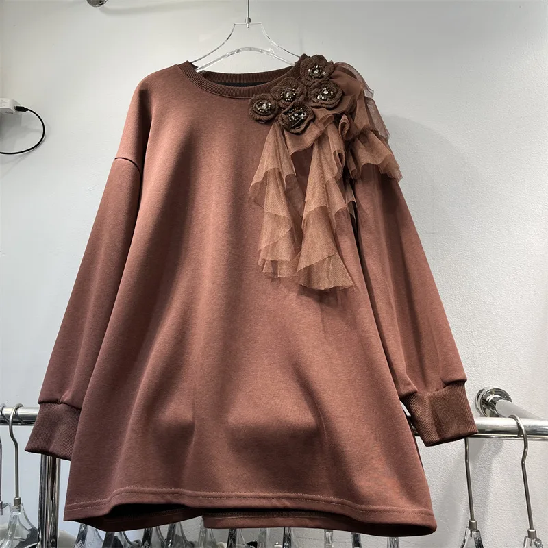 

SuperAen Loose O-neck 2025 Autumn and Winter New Design Solid Color Top for Women Lace Three-dimensional Flowers Tops