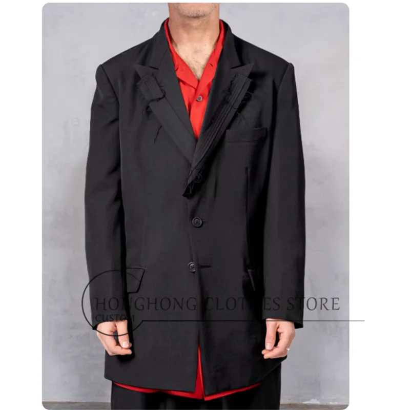 New black mid-length fringed decorative casual suit for men. Customized size. Retro style. Extra-large size coat.