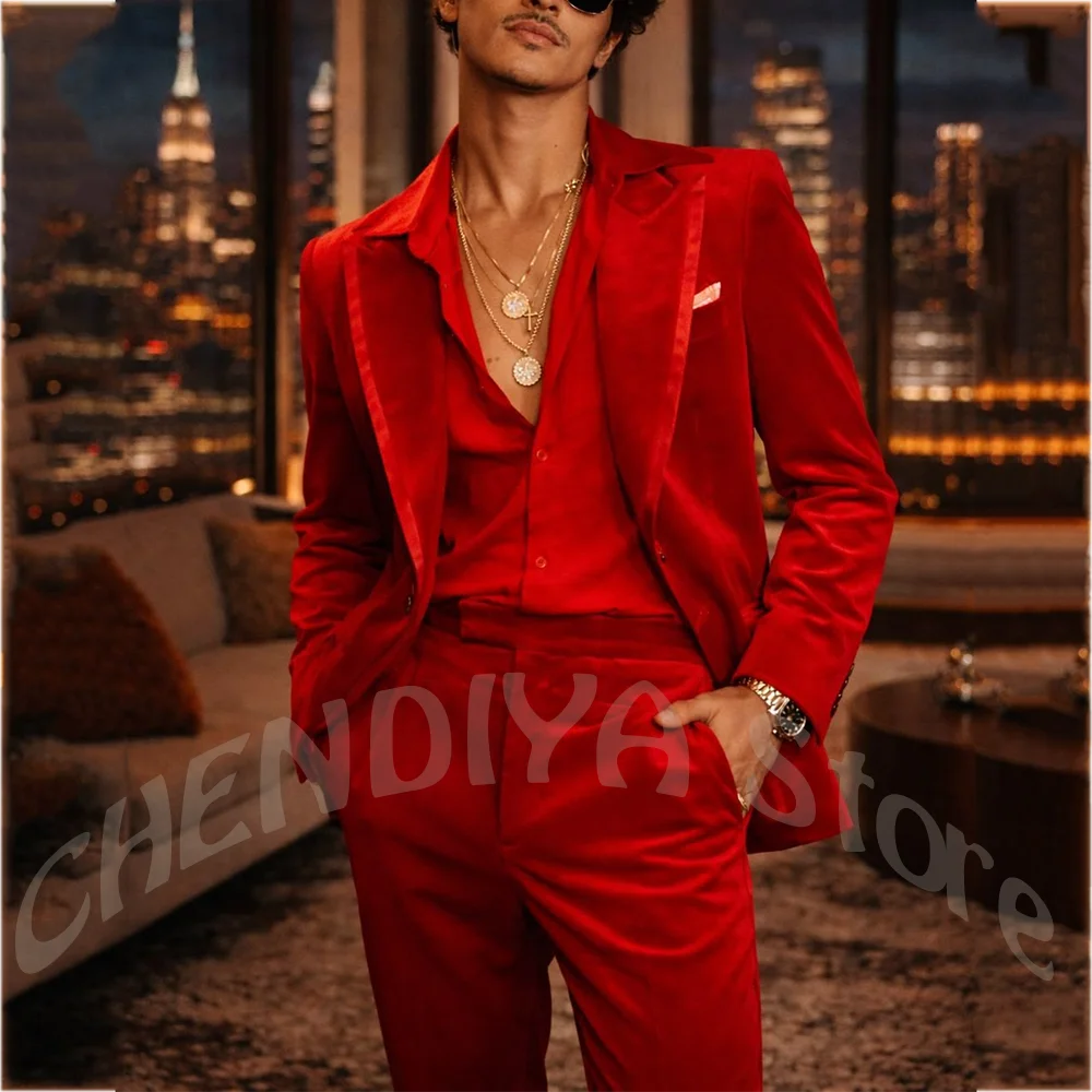 

Men's Suit For Wedding Business Casual Velvet Jacket Pants Two Pieces Peaked Lapel Slim Fit Outfit Elegant Male Clothing
