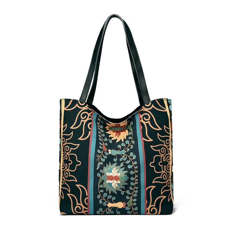 

National Style Large Capacity Ladies Canvas Tote Bag Chinese-style Printed Pattern Female Shoulder Bag Travel Beach Outdoor Bag