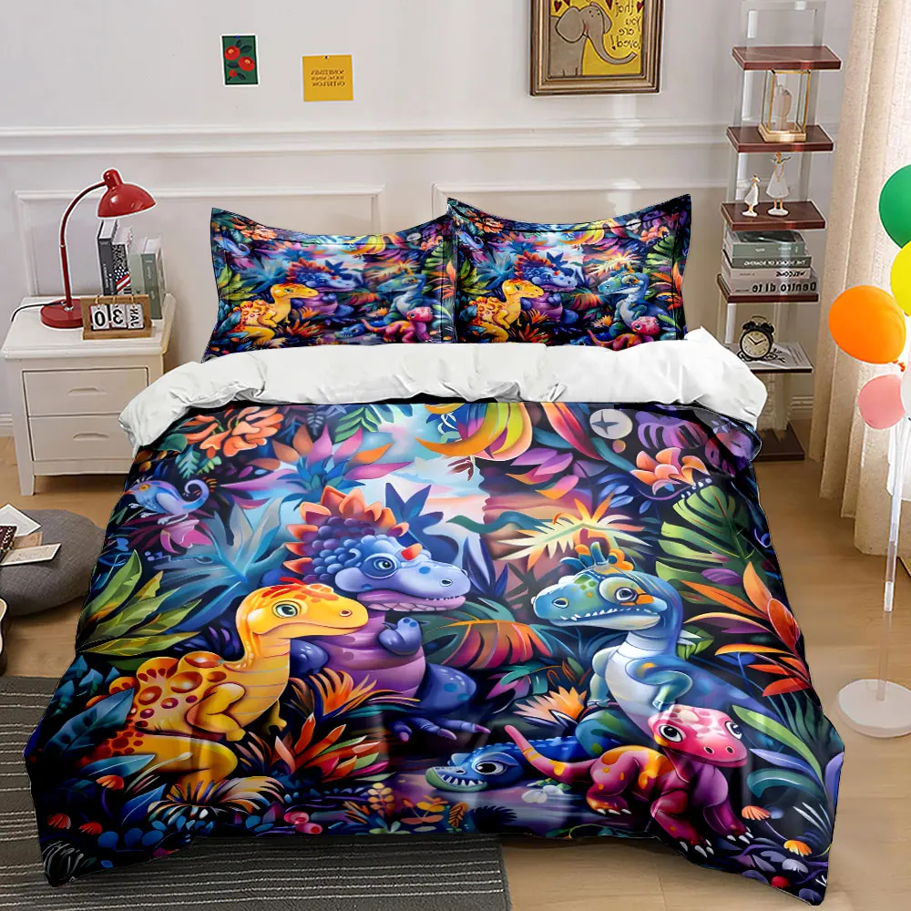 

Colorful dinosaurs in lush jungle Printed Duvet Cover Set 1 Duvet Cover+2 Pillowcase Multi Size Bedroom Bedding Decor