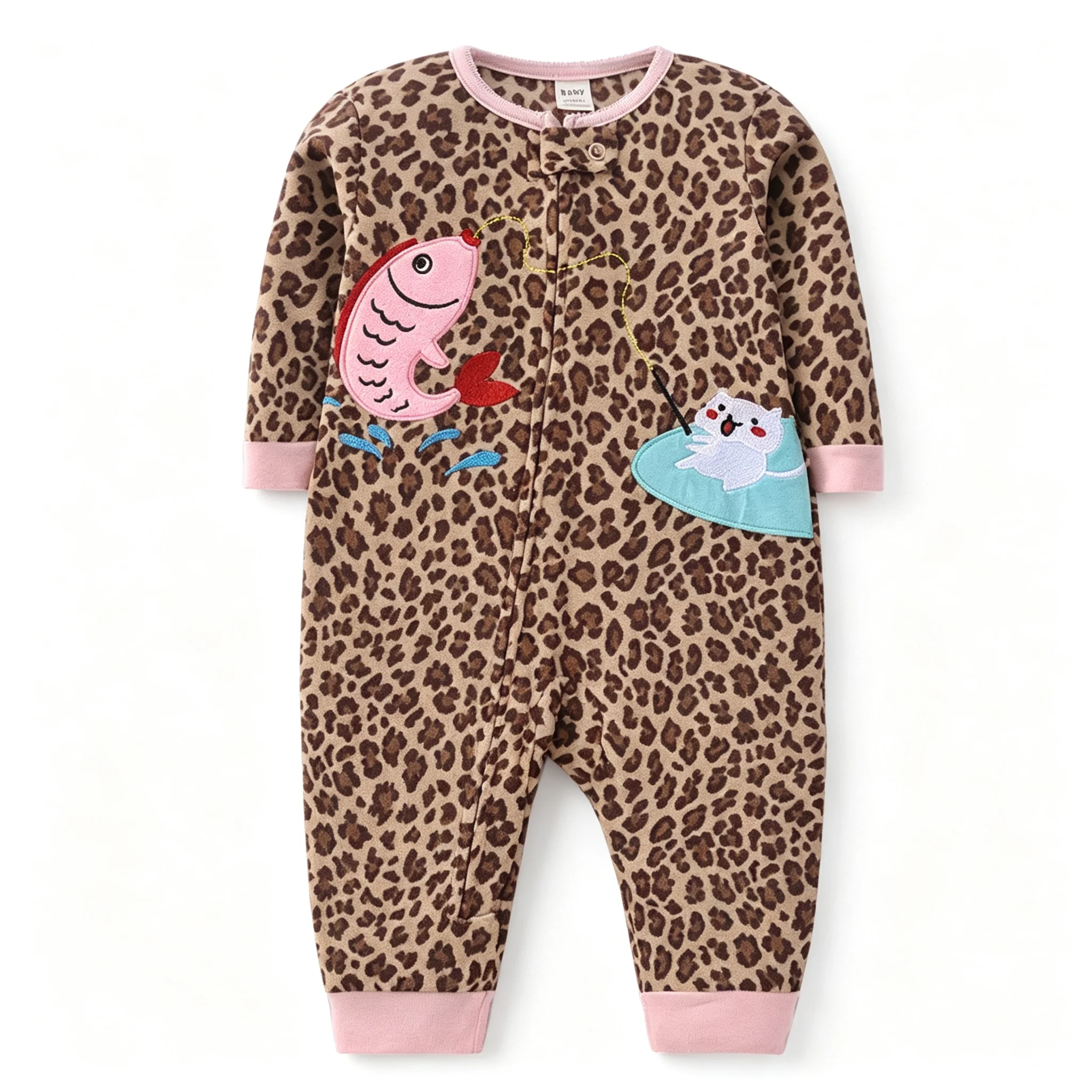 Polar Fleece Baby Footless Romper Long Sleeve Zipper Jumpsuit Leopard Print Cat Fish Embroidery Unisex Infant Outfit 6-24M