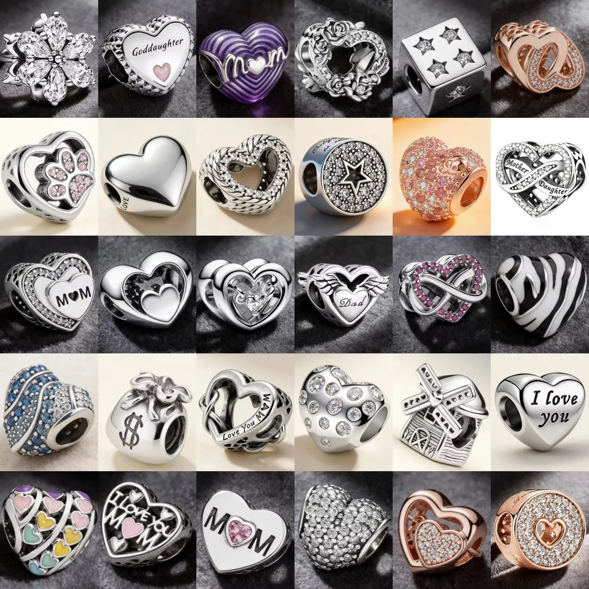 Minimalism S925 Silver Heart Cube Rose Shape Charms Hollow Engraved Inlaid Zircon Charm Fit Bracelet Women Jewelry Mother Gift