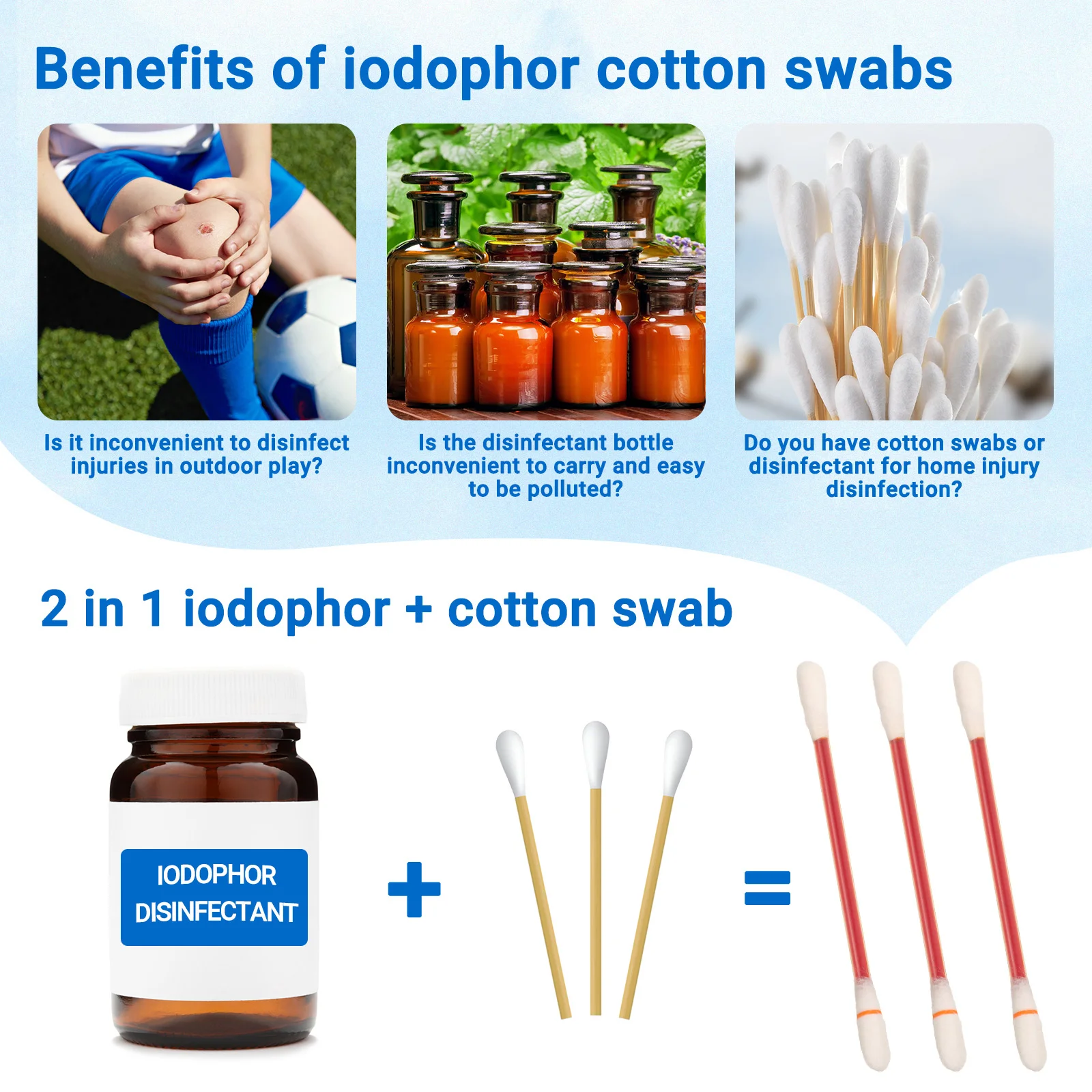 50 Pcs Iodophor Disinfectant Cleaning Cotton Swabs Sticks for Adult Wound Iodine Newborn