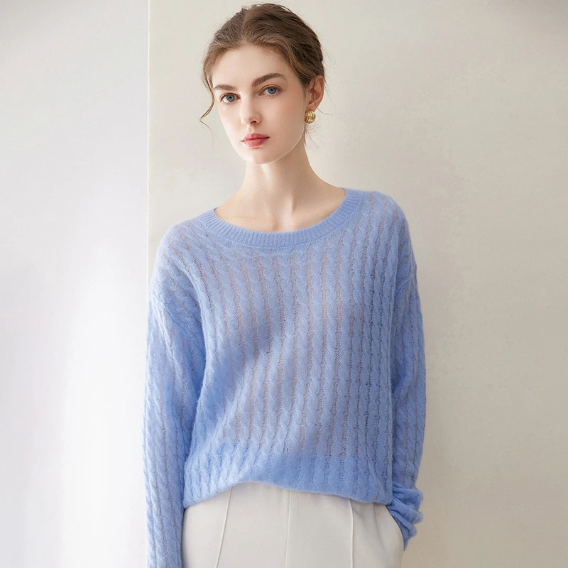 Women's 75% cashmere +25% mulberry silk sweater casual solid color knitted pullover loose round neck Blouse warm Tops Jumper