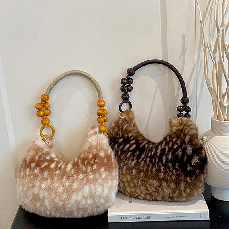 Hirschmuster Mori Girl Holzperlengriff-Handtasche, Japanische Damen-Plüsch-Elch-Fairycore-Schultertasche, Winterliche Niedliche Warme Flauschige Tasche – Detail 14