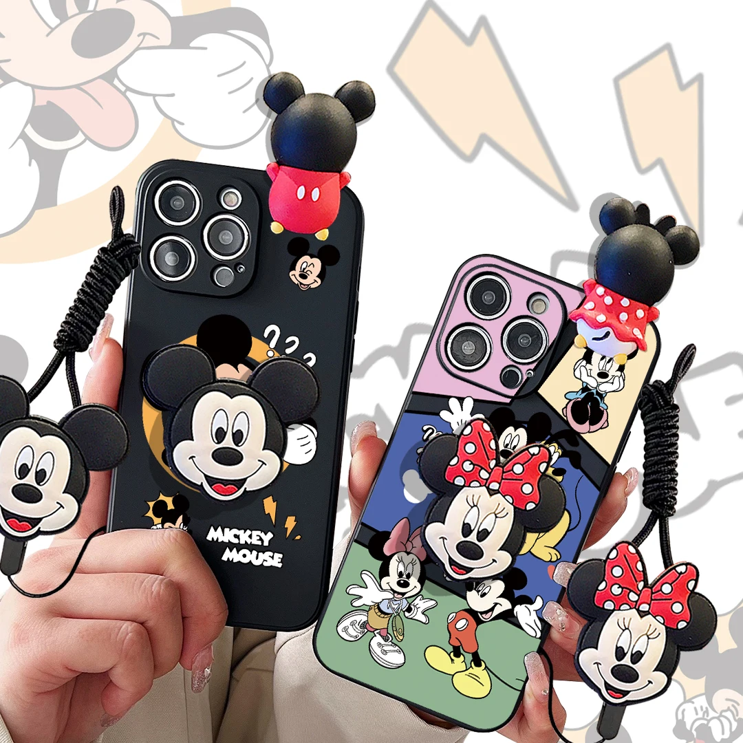 Coque 3D Cartoon Disney Minnie TureMouse, iPhone 16, 15, 14 Plus, 13, 12 Mini, 11 Pro Max, Support de téléphone, Lanyard Strap Cover