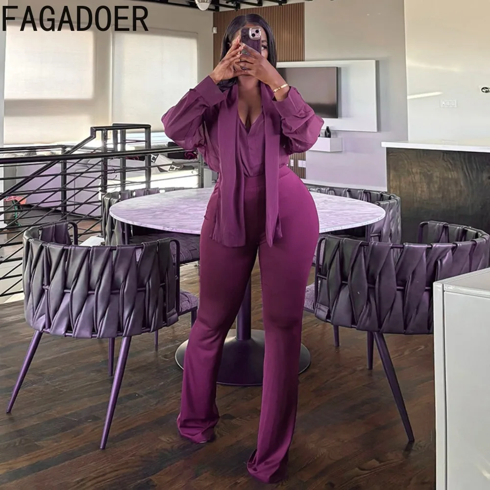 ชุดเซ็ต 2 ชิ้นสำหรับผู้หญิง FAGADOER ผ้าตาข่ายแต่งพู่ แต่งผ้าต่อกัน สีพื้น เสื้อครอปแขนยาวและกางเกงขาบาน สไตล์สตรีทแวร์