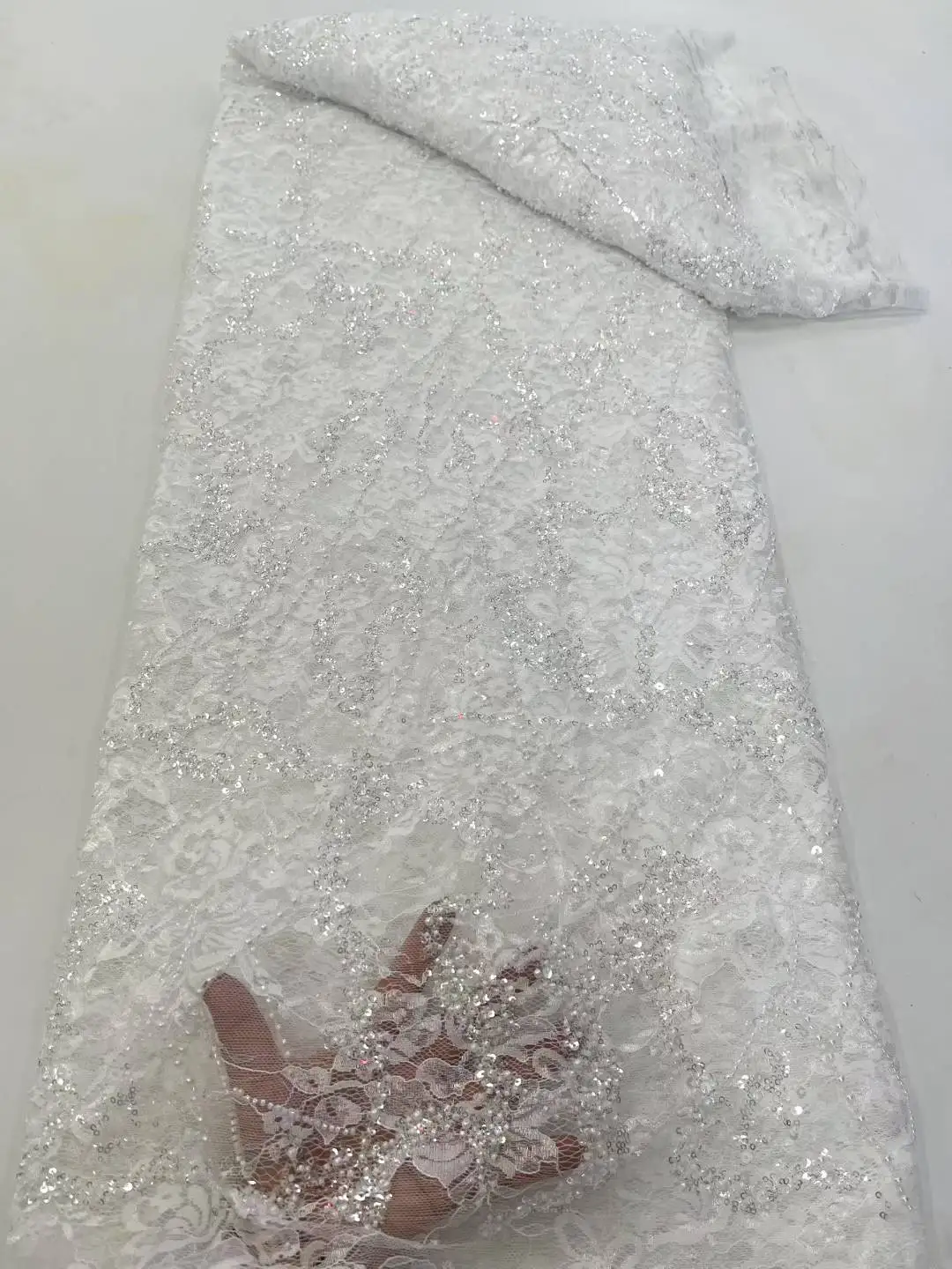 5 Yards African Bridal Lace Fabric with Sequins Beaded Embroidery High Quality French Tulle for Wedding Groom Nigerian Style