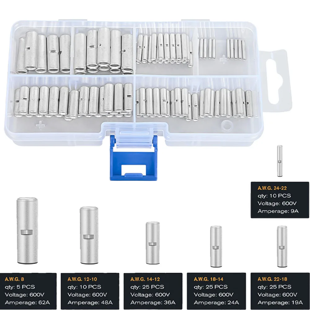 

100PCS Non Insulated Butt Connectors Kit AWG 24-8 Uninsulated Crimp Butt Connectors Pure Copper Tin Coated Crimp Terminals