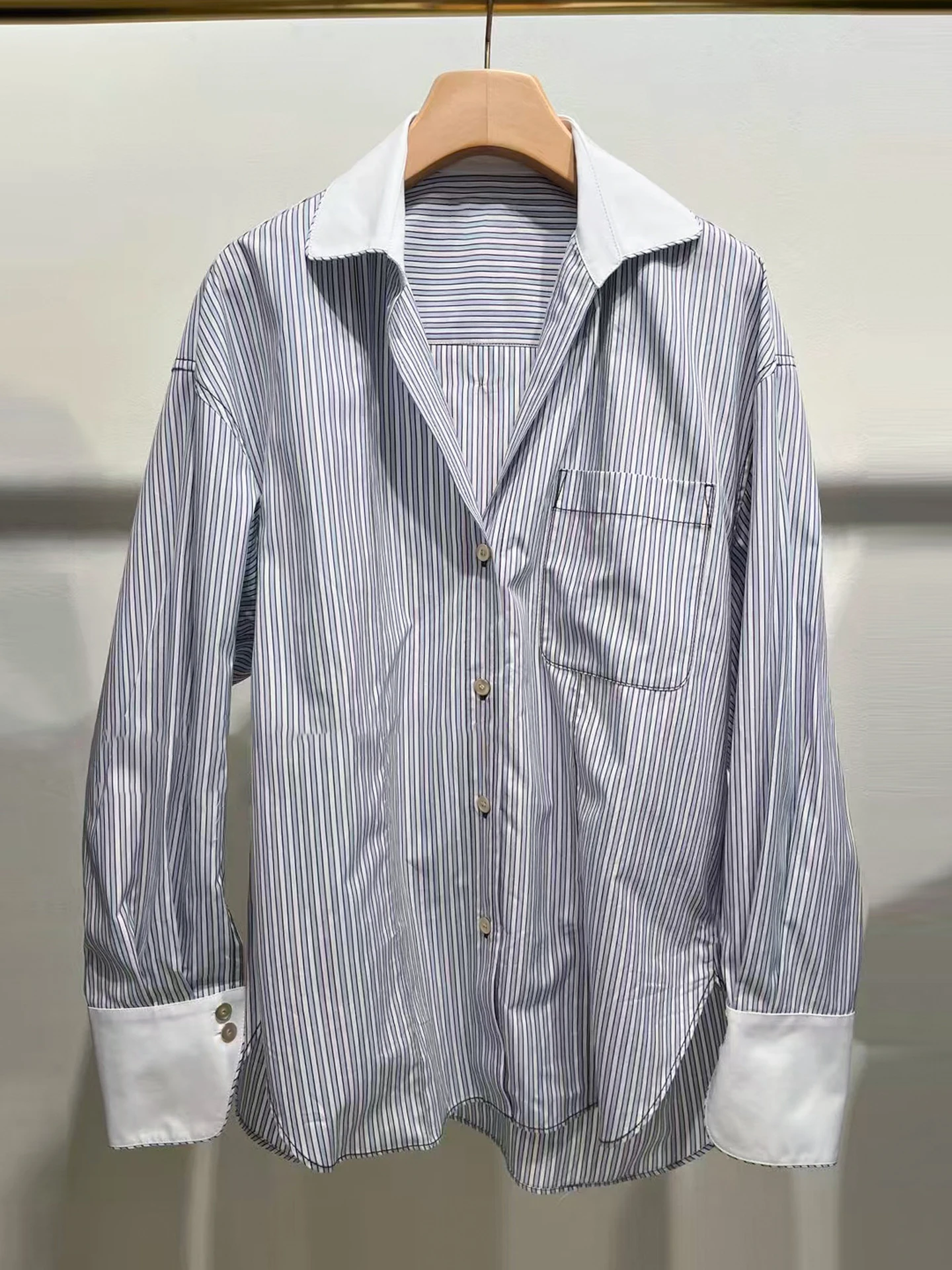 

S Home Nan You High End Women's Casual Striped irt Loose Fit Turn-down Collar Versatile Top for Autumn 2025 Commute Sle