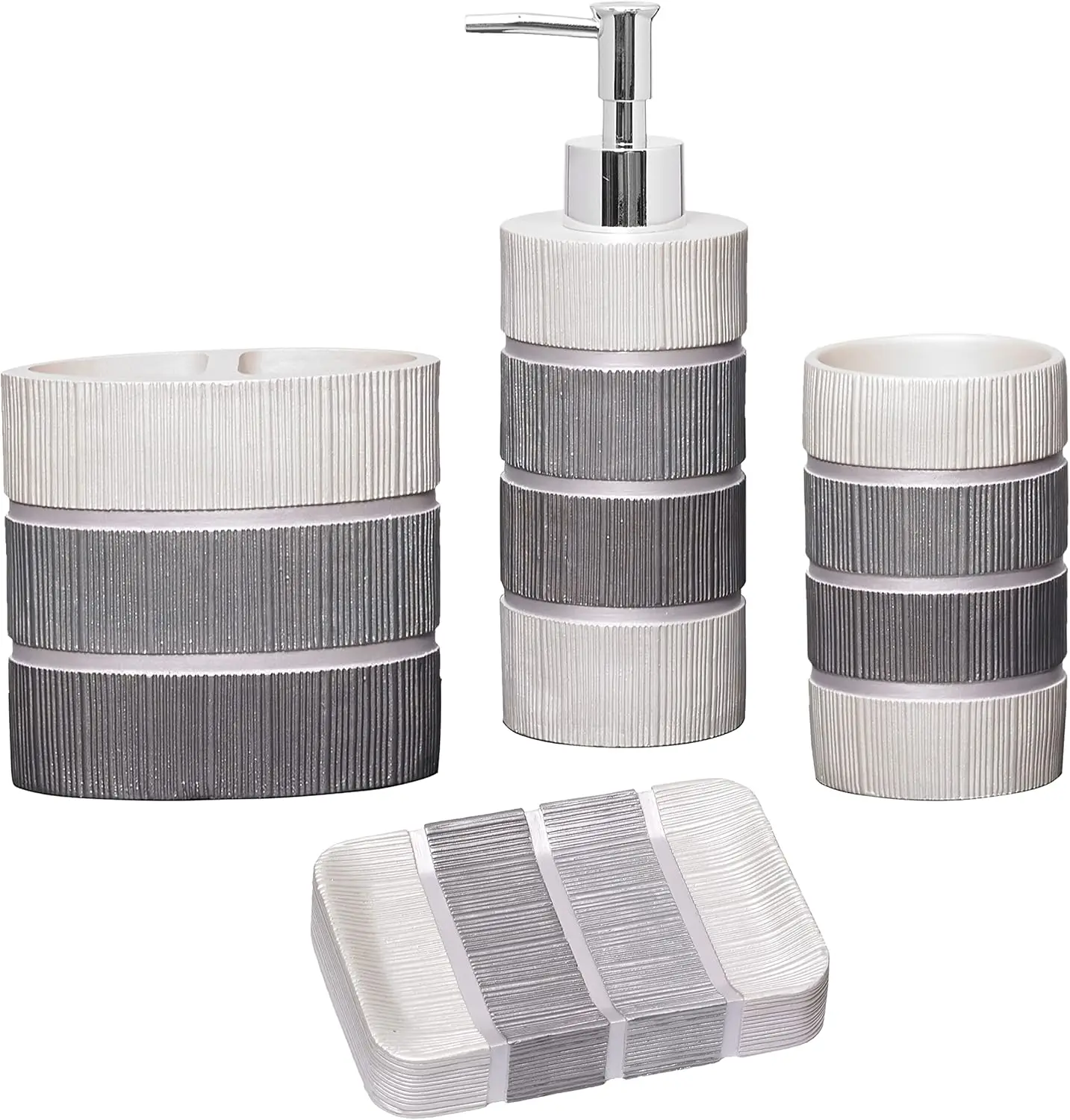 

4pc Modern Bathroom Accessories Set with Soap Dispenser, Tumbler, Toothbrush Holder and Soap Dish in Luxury Grey Decor