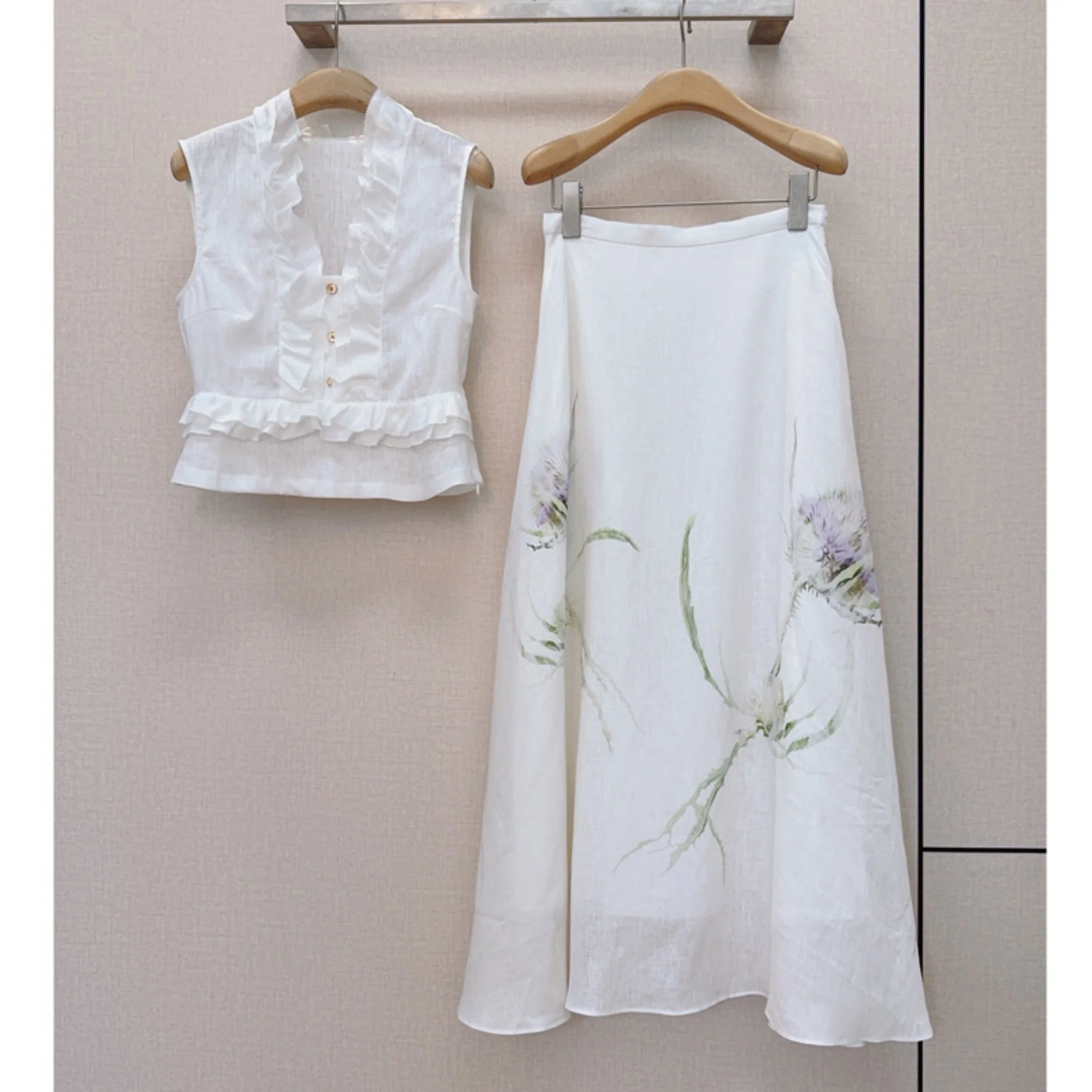 Ladies Summer Fresh V-Neck Ruffled Blouse & Long Skirt Matching Set