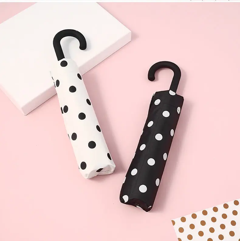 Plaid Printed Curved Handle Folding Umbrella for Men and Women  Both Rainy and Sunny Student Tri-fold Sun Umbrella