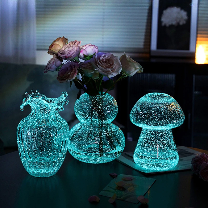 Creative Luminous Fluorescent Glacier Vase Glass Transparent Flower Arrangement Rose Flowers Living Room Table Ornaments