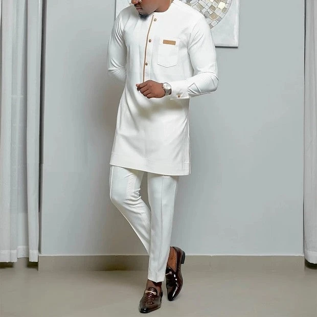 

Men's fashion casual white print two-piece set