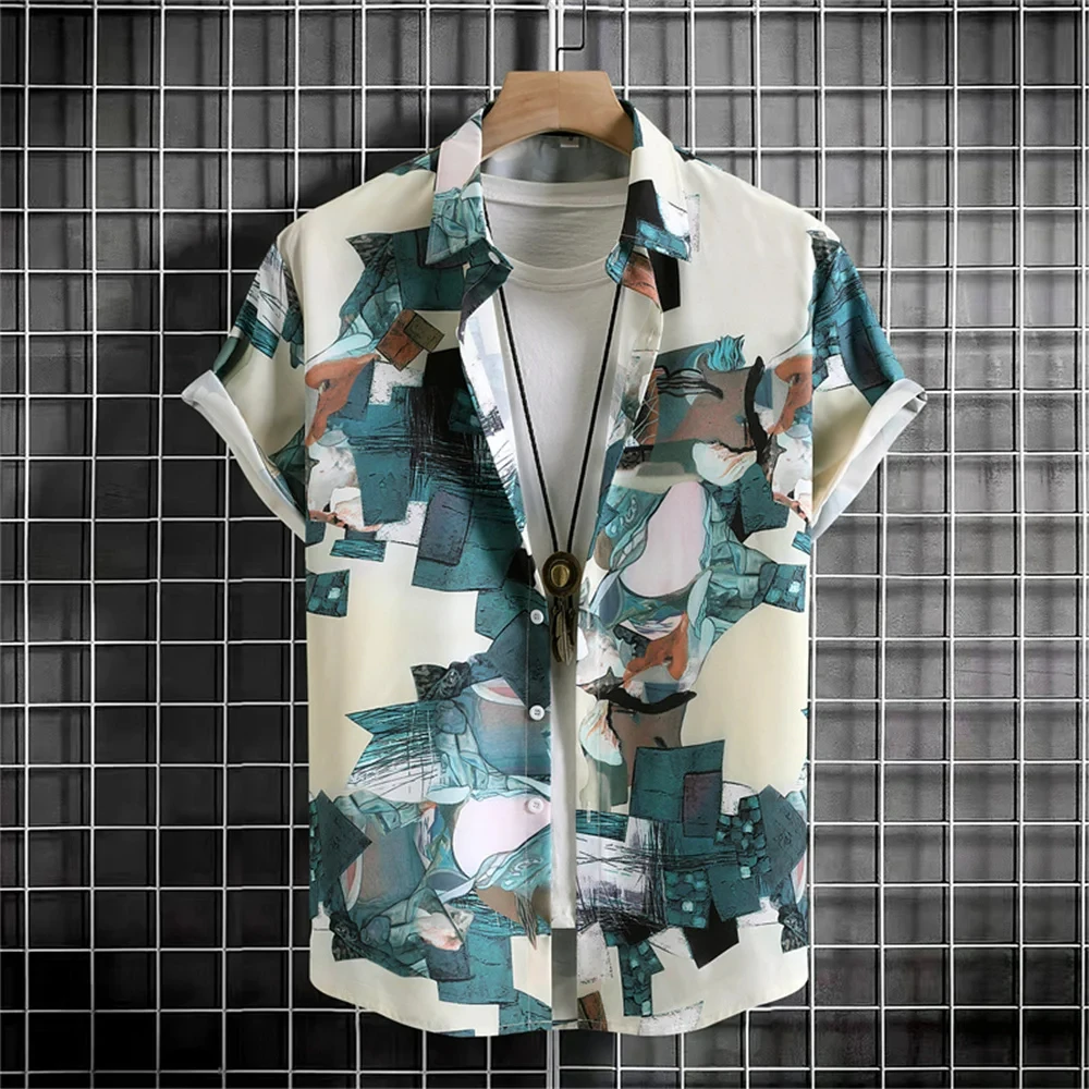2026 Hawaiian Shirts 3D Printed Geometry Men's Color Block Graphics Beach Vacation Short Sleeve Fashion Buttoned Tops