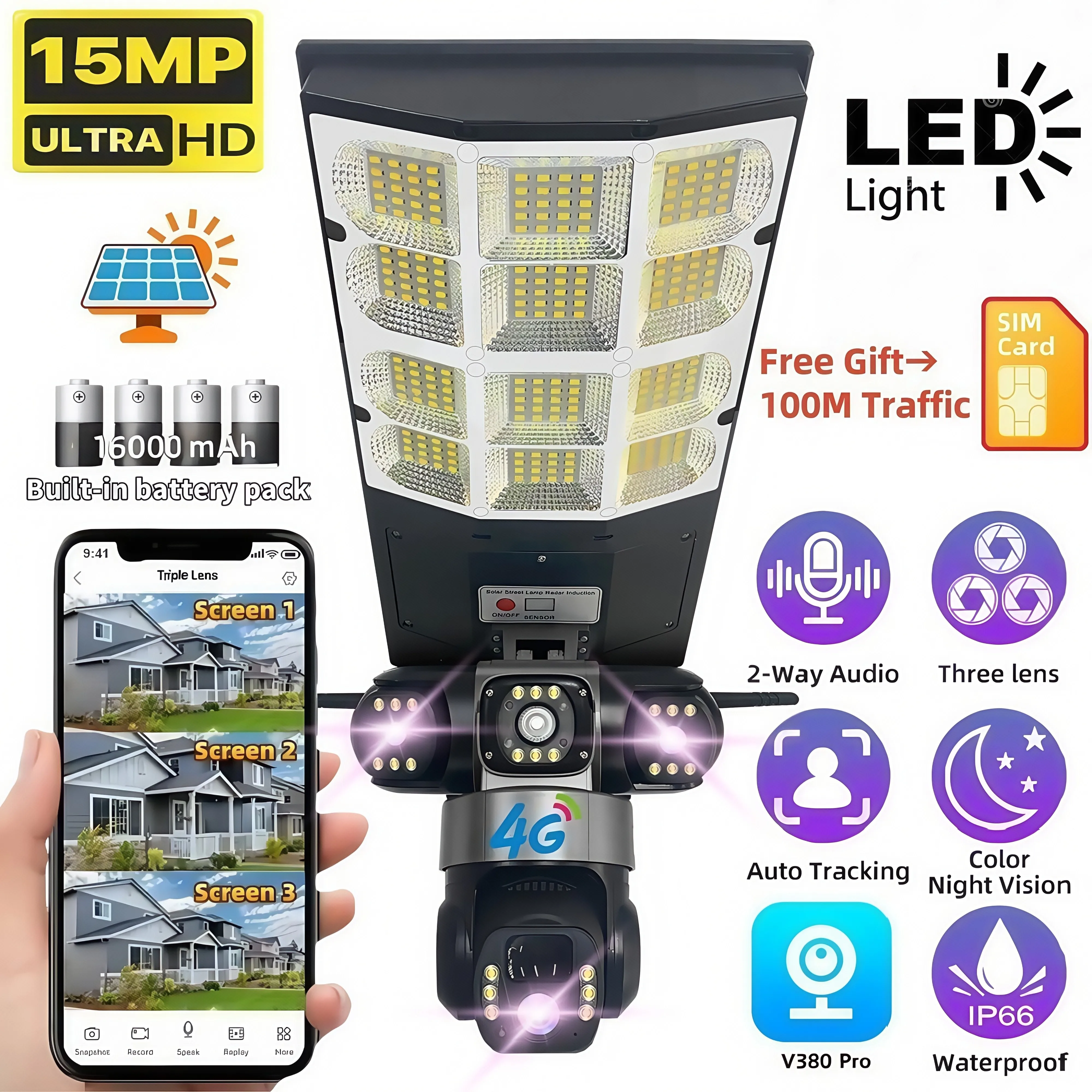 

Solar 4G SIM Street Light HD Camera 15MP 10X Zoom Three Lens Recording Humanoid Tracking Outdoor Cameras LED Lamp Remote Control