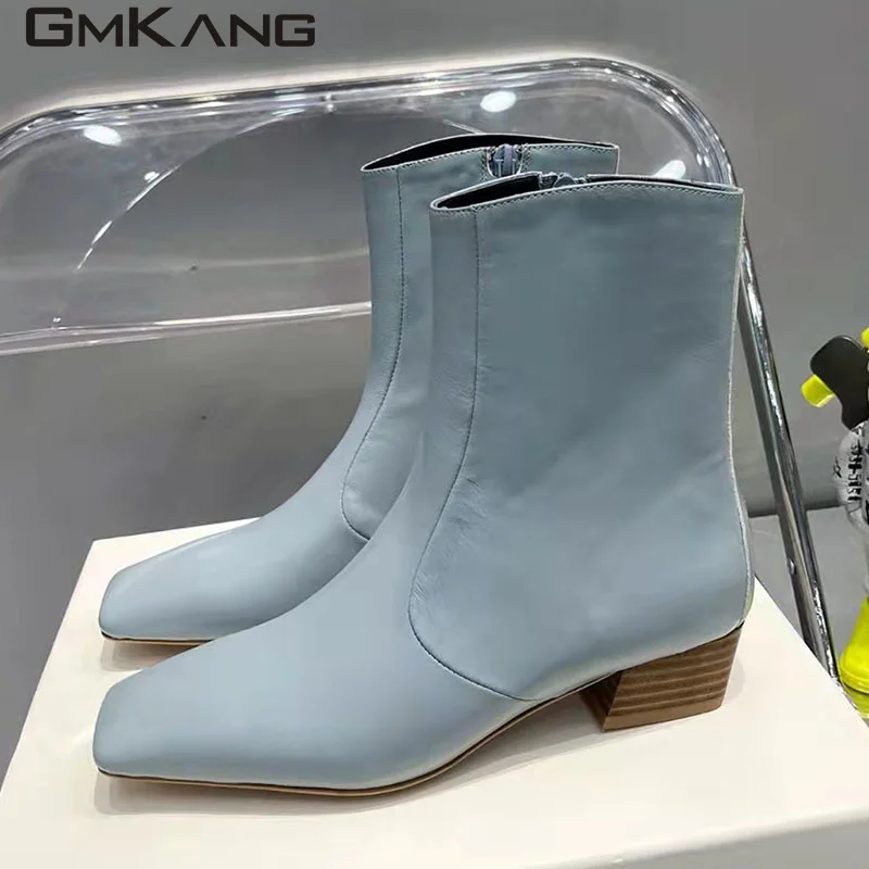Classic Square Toe Ankle Boots For Women Genuine Leather Modern Boots Lady Low Heel Runway Shoes Women Autumn Short Boots Woman