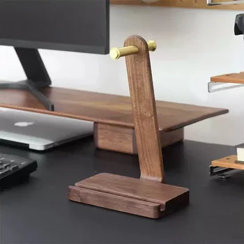 Solid wood brass headphone stand walnut head-mounted headphone storage hanger with winding mobile phone stand
